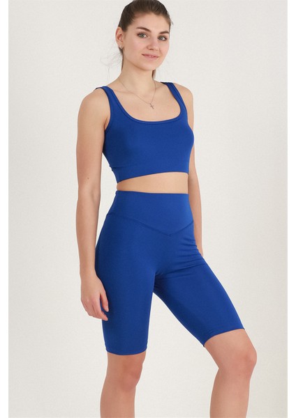 Kadın Sax Mavi Yüksek Bel Toparlayıcı Kısa Spor Tayt Biker Şort Basics Casual & Comfort 1070 indirimleri