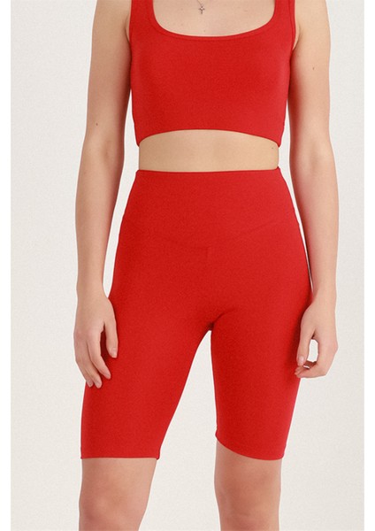 Kadın Kırmızı Yüksek Bel Toparlayıcı Kısa Spor Tayt Biker Şort Basics Casual & Comfort 1070