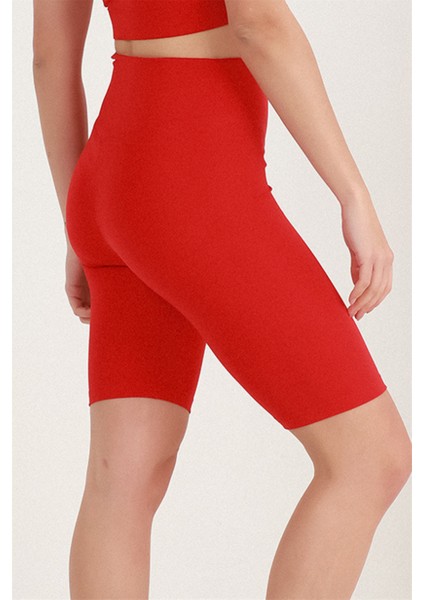 Kadın Kırmızı Yüksek Bel Toparlayıcı Kısa Spor Tayt Biker Şort Basics Casual & Comfort 1070 indirimleri