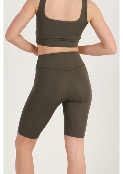 Kadın Haki Renk Yüksek Bel Toparlayıcı Kısa Spor Tayt Biker Şort Basics Casual & Comfort 1070 modelleri