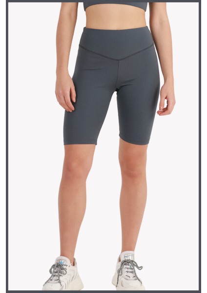 Kadın Antrasit Yüksek Bel Toparlayıcı Kısa Spor Tayt Biker Şort Basics Casual & Comfort 1070