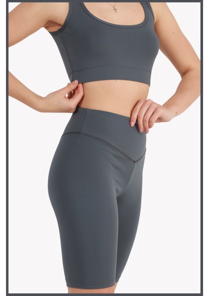 Kadın Antrasit Yüksek Bel Toparlayıcı Kısa Spor Tayt Biker Şort Basics Casual & Comfort 1070