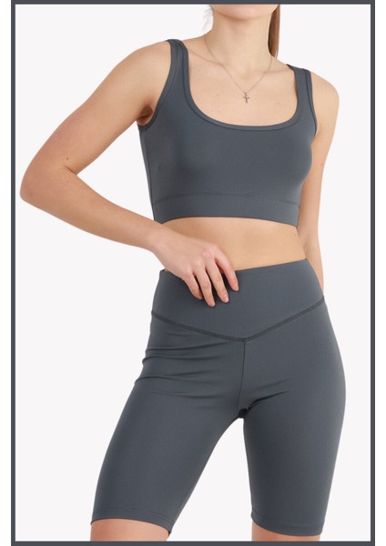 Kadın Antrasit Yüksek Bel Toparlayıcı Kısa Spor Tayt Biker Şort Basics Casual & Comfort 1070