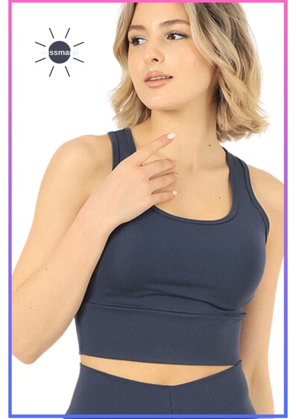 Kadın Antrasit Halter Yaka Crop Top Aktif Spor ve Günlük Dalgıç Lycralı Çift Kat Kumaş 5066