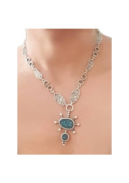 Gümüş Kaplama Antik Çelik Mineli Mavi Kadın Kolye