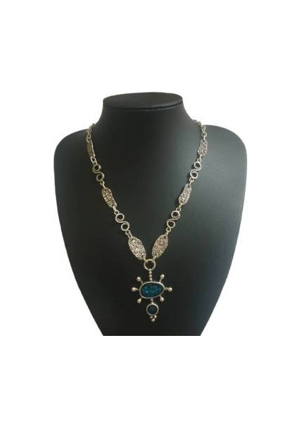 Gümüş Kaplama Antik Çelik Mineli Mavi Kadın Kolye fiyatları