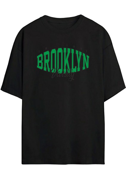 Unisex Brooklyn Baskılı Siyah Oversize Tshirt