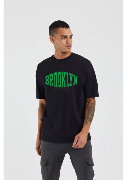 Unisex Brooklyn Baskılı Siyah Oversize Tshirt fiyatları