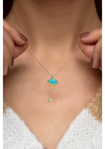 925 Ayar Gümüş Gold Kaplama Mineli Gözlü Yağmur Bulut Kolye