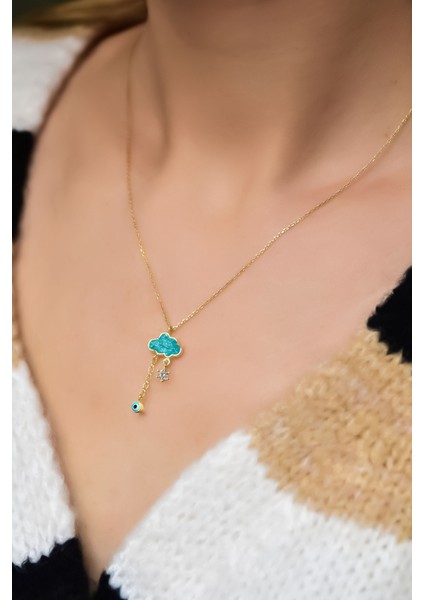 925 Ayar Gümüş Gold Kaplama Mineli Gözlü Yağmur Bulut Kolye fiyatları