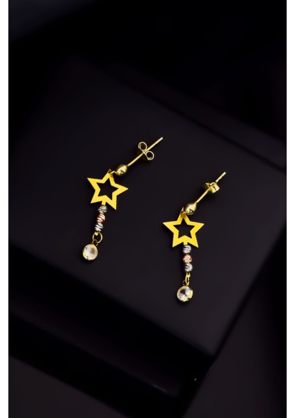 925 Ayar Gümüş Üç Renk Dorika Toplu, Zirkon Taş Sallantılı Yıldız Çivili Küpe fiyatları