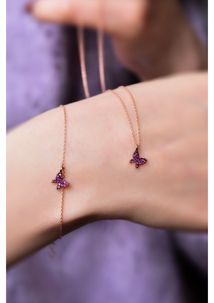 925 Ayar Gümüş Rose Kaplama Fuşya Zirkon Taşlı Mini Kelebek Kolye ve Bileklik Set