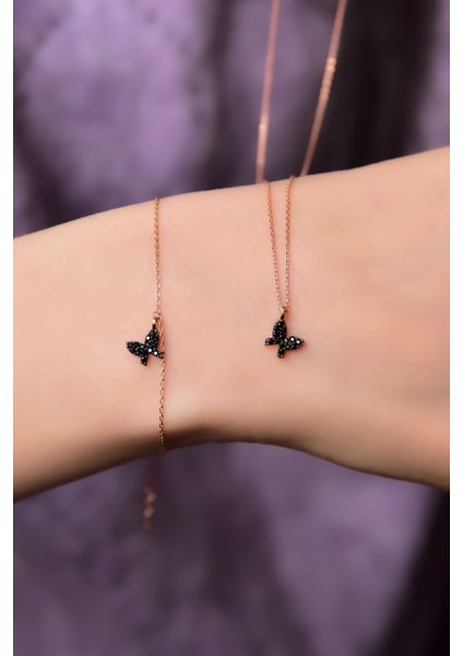 925 Ayar Gümüş Rose Kaplama Siyah Zirkon Taşlı Mini Kelebek Kolye ve Bileklik Set