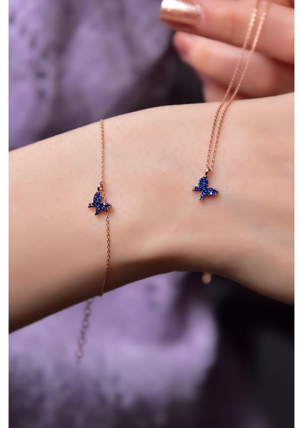 925 Ayar Gümüş Rose Kaplama Lacivert Zirkon Taşlı Mini Kelebek Kolye ve Bileklik Set