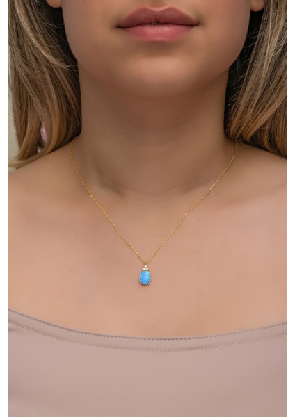 925 Ayar Gümüş Gold Kaplama Oval Mavi Opal Taşlı Kolye modelleri