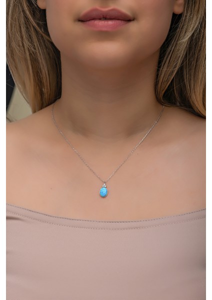 925 Ayar Gümüş Rodyum Kaplama Oval Mavi Opal Taşlı Kolye modelleri