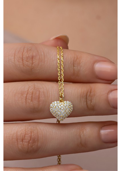 925 Ayar Gümüş Gold Kaplama Zirkon Taşlı Minimal Kalp Kolye
