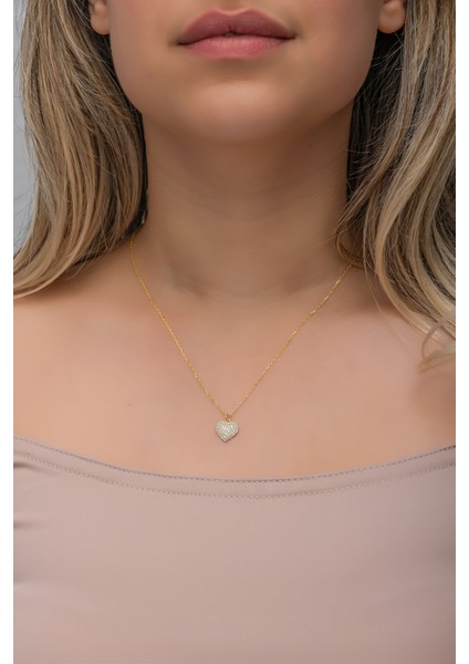 925 Ayar Gümüş Gold Kaplama Zirkon Taşlı Minimal Kalp Kolye