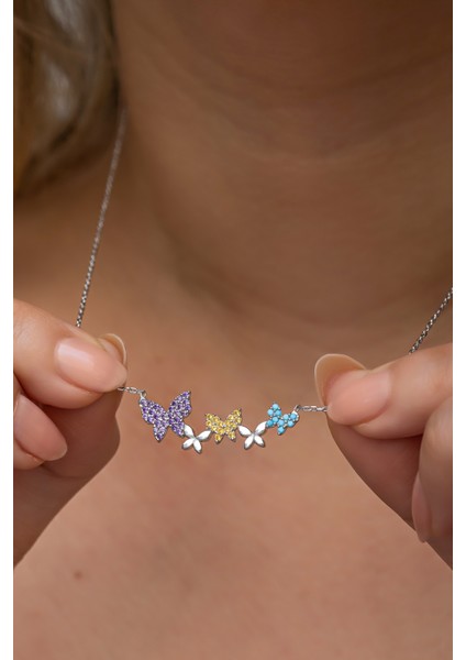 925 Ayar Gümüş Rodyum Kaplama Sıralı Uçuşan Kelebekler Kolye fiyatları