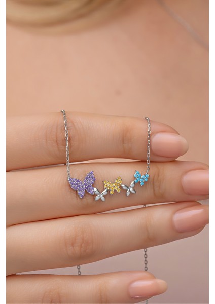 925 Ayar Gümüş Rodyum Kaplama Sıralı Uçuşan Kelebekler Kolye modelleri