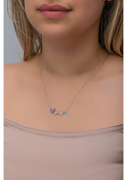925 Ayar Gümüş Rodyum Kaplama Sıralı Uçuşan Kelebekler Kolye fırsatları