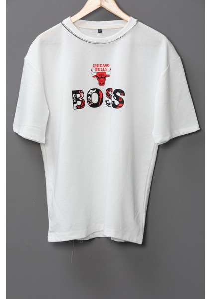 Erkek Chıcago-Boos Oversize Baskılı Pamuklu Bisiklet Yaka Kısa Kollu T-Shirt