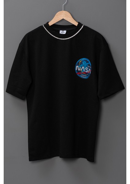 Erkek Nasa Oversize Baskılı Pamuklu Bisiklet Yaka Kısa Kollu T-Shirt