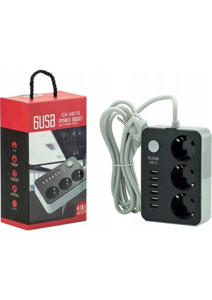 Akım Koruyuculu 6usb Port 4.1A Hızlı Şarjlı 3'lü Priz
