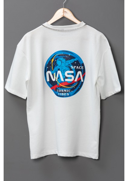 Erkek Nasa Oversize Baskılı Pamuklu Bisiklet Yaka Kısa Kollu T-Shirt