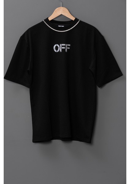 Erkek Off Oversize Baskılı Pamuklu Bisiklet Yaka Kısa Kollu T-Shirt