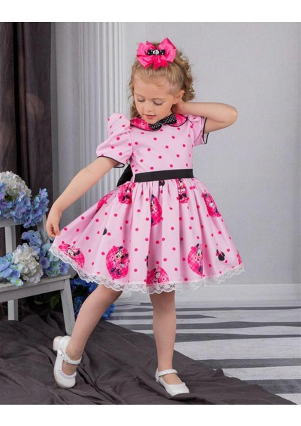 Kız Çocuk Arkası Fiyonk Detaylı Tokalı Minnie Mouse Özel Gün Elbisesi