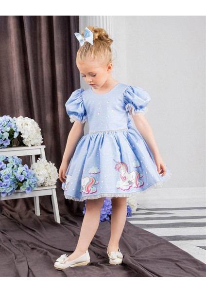 Kız Çocuk Fiyonk Detaylı Tokalı Unicorn Özel Gün Elbisesi