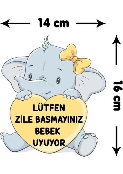 Kt Grup Zile Basmayınız Bebek Uyuyor - Fil Sarı Kalp Kapı Zil Üstü Sticker