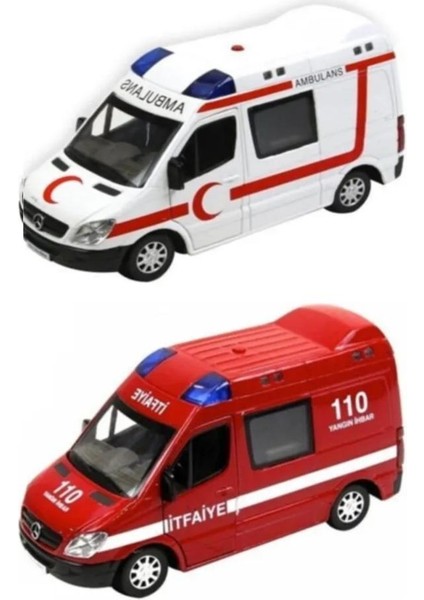 2 Adet Diecast Metal Itfaiye ve Ambulans Mercedes Sprinter Çek Bırak Işıklı Siren Sesli 14 cm Kapıları Açılır