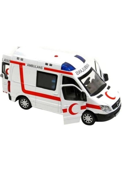 2 Adet Diecast Metal Itfaiye ve Ambulans Mercedes Sprinter Çek Bırak Işıklı Siren Sesli 14 cm Kapıları Açılır