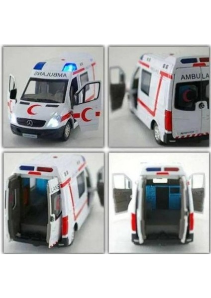 2 Adet Diecast Metal Itfaiye ve Ambulans Mercedes Sprinter Çek Bırak Işıklı Siren Sesli 14 cm Kapıları Açılır