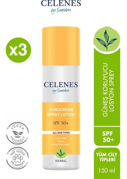 Celenes Güneş Koruyucu Losyon Sprey Spf+50 150 ml X3