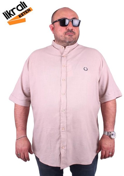 Büyük Beden Kısa Kol Erkek Likralı Keten Nakışlı Hakim Yaka Gömlek 11302 Bej