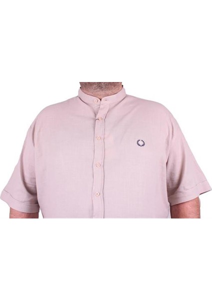 Büyük Beden Kısa Kol Erkek Likralı Keten Nakışlı Hakim Yaka Gömlek 11302 Bej modelleri