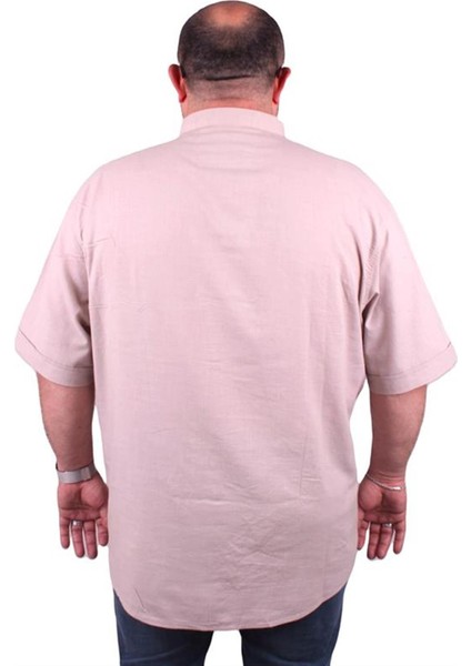 Büyük Beden Kısa Kol Erkek Likralı Keten Nakışlı Hakim Yaka Gömlek 11302 Bej fırsatları