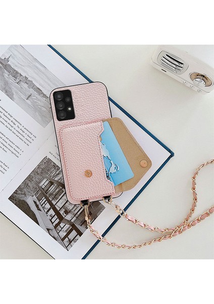 Samsung Galaxy A13 4g Uyumlu Kılıf Zebana Boyun Askılı Deri Kılıf Rose Gold