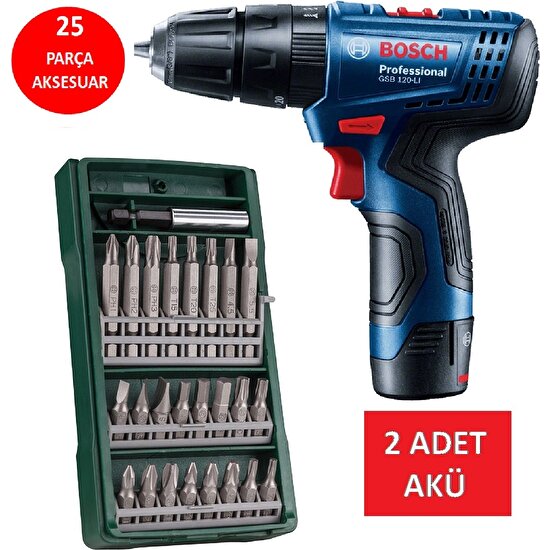 Bosch Darbeli Matkap Çift Akülü Şarjlı Matkap Akülü Vidalama + 25 Parça Vidalama Ucu Seti