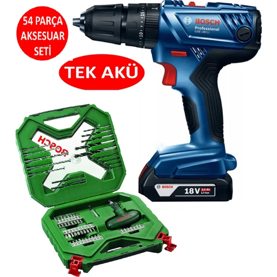 Bosch Tek Akülü Darbeli Matkap 18V Akülü Vidalama Şarjlı Matkap + 54 Parça Vidalama Ucu Tornavida