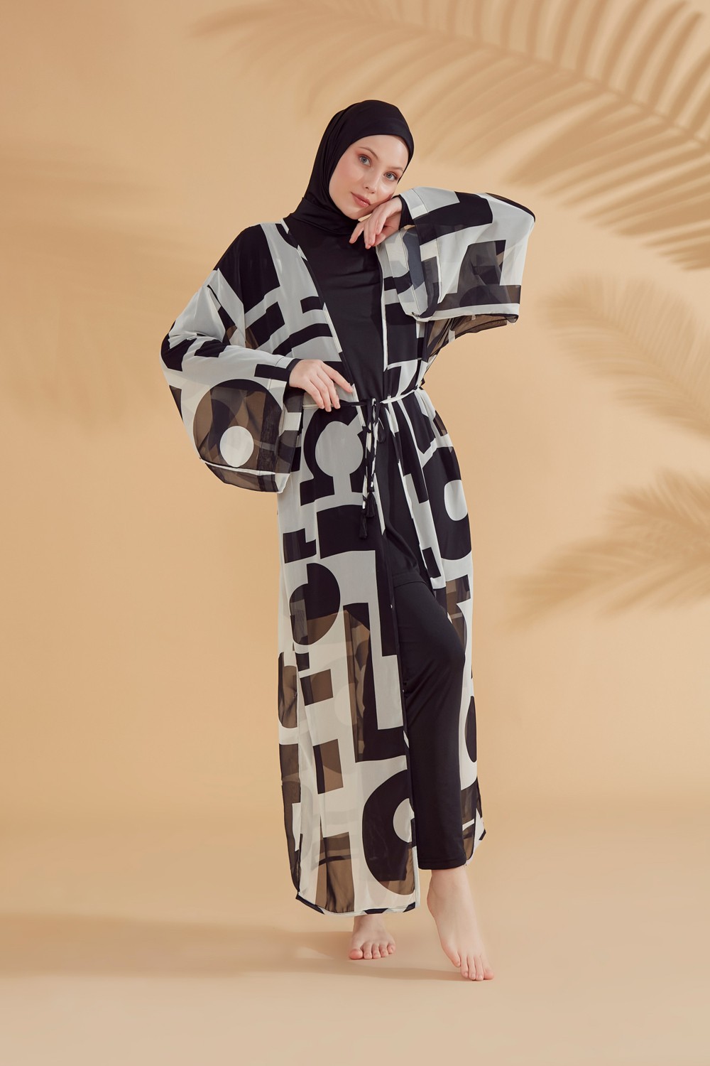 Marina Geometrik Siyah Kimono Kaftan %100 Polyester Hafif Kumaş Şık Plaj Elbisesi görsel 5