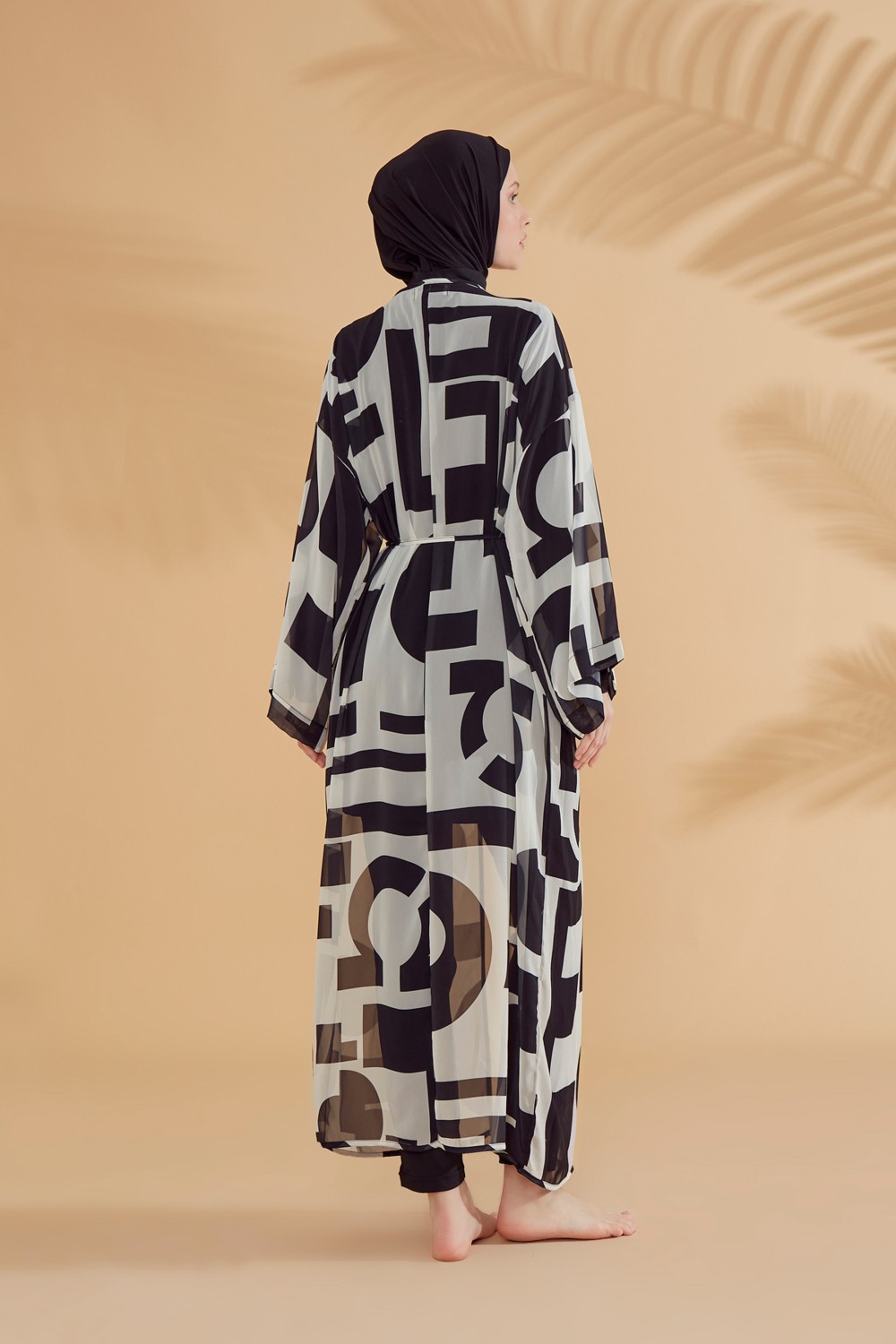Marina Geometrik Siyah Kimono Kaftan %100 Polyester Hafif Kumaş Şık Plaj Elbisesi görsel 6