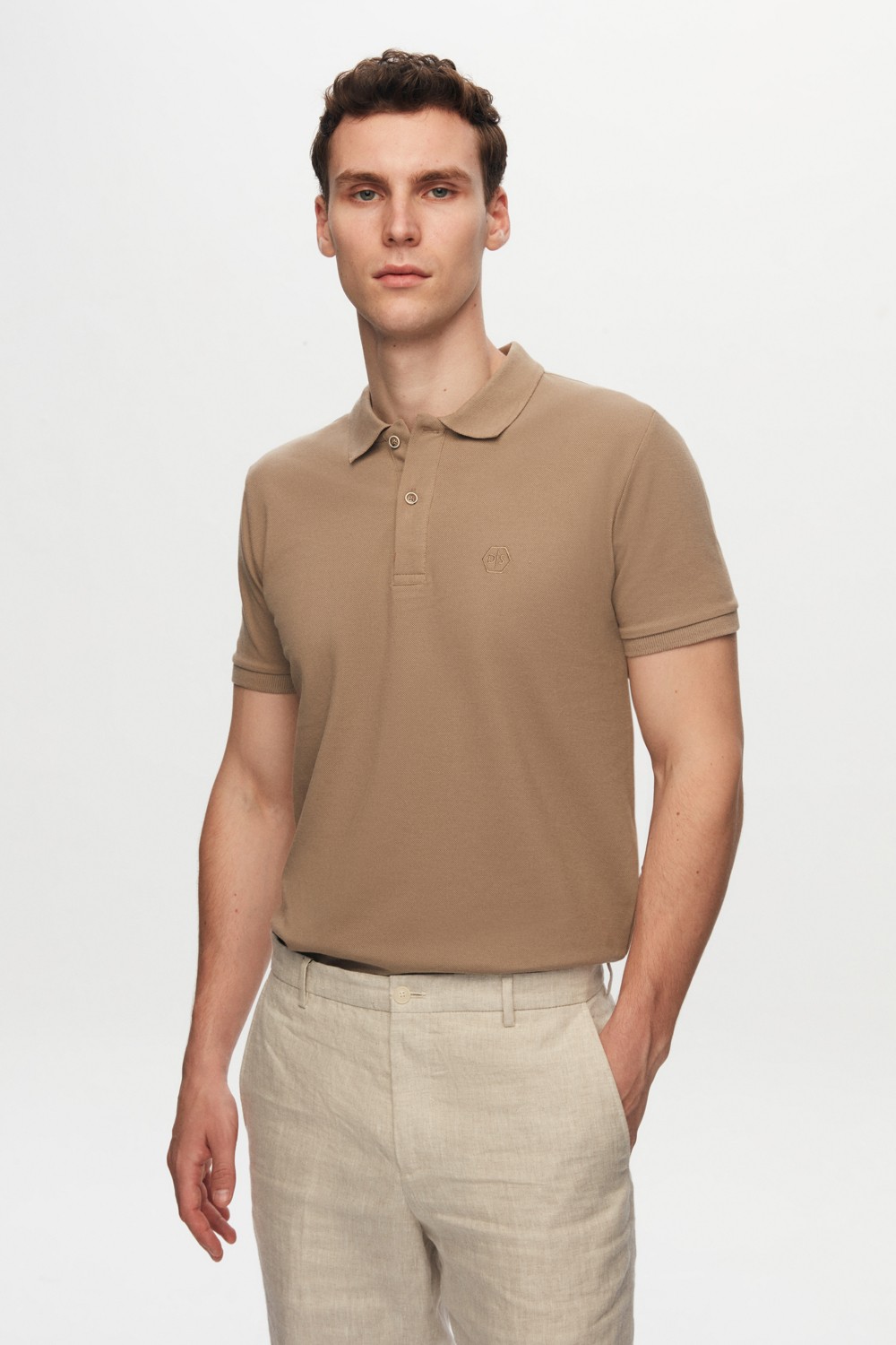 D'S Damat Regular Fit Vizon Pike Dokulu %100 Pamuk Kıvrılmaz Polo Yaka Nakışlı T-shirt 4HC14ORT51000