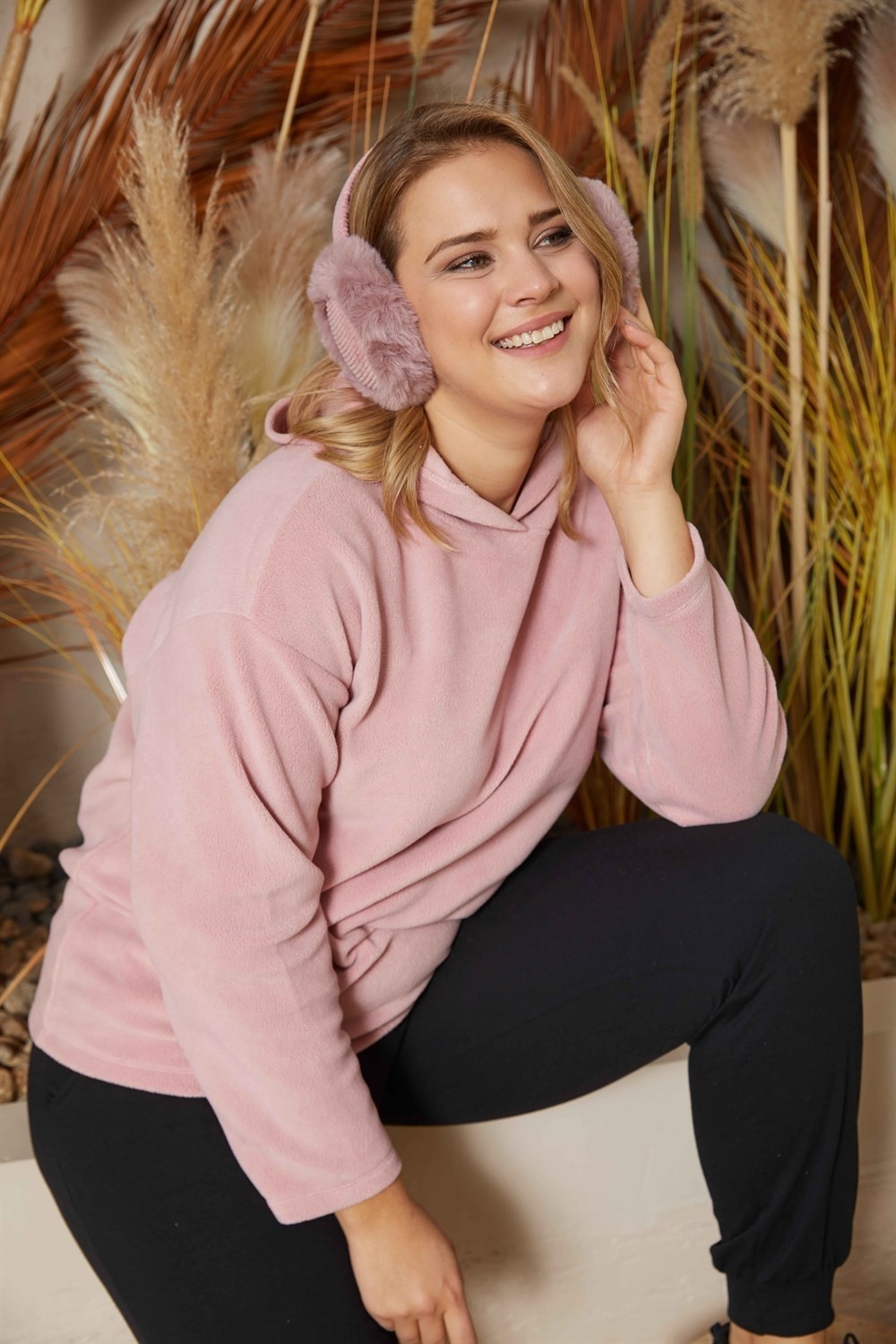 Sea Moda Polar Kumaş Kapüşonlu Sweat-Pudra