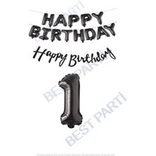 Best Parti Happy Bırthday Siyah Renk Folyo Balon Kaligrafi Banner Ve Rakam Seti Yaş 1