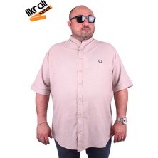 Mocgrande Büyük Beden Kısa Kol Erkek Likralı Keten Nakışlı Hakim Yaka Gömlek 11302 Bej