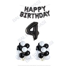 Bal10 Dünyası Happy Bırthday Siyah Renk Folyo Balon Latex Balon  ve Folyo Rakam Seti Yaş 4